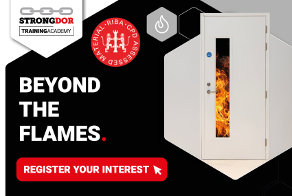 Beyond the Flames CPD event with white steel door and flame
