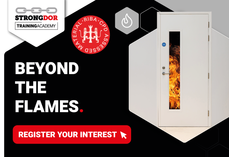 Beyond the Flames CPD event with white steel door and flame