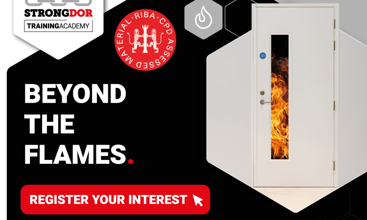 Beyond the Flames CPD event with white steel door and flame